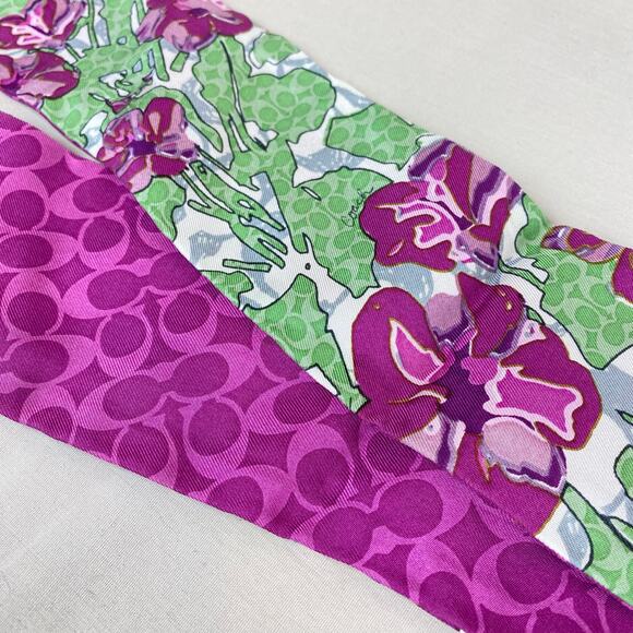 Coach Signature Skinny Scarf Purse Piny Tail Tie Purple Pink Green Floral - Picture 2 of 8